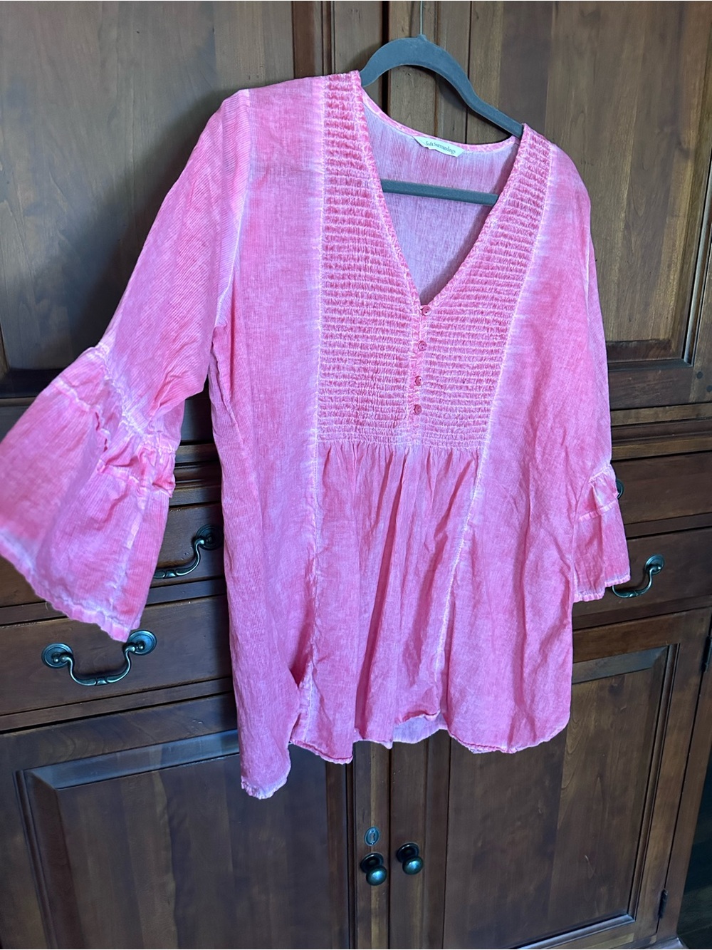 Soft Surroundings peach/pink   Smocked V-Neck Peasant blouse with ruffle sleeves - Picture 2 of 5